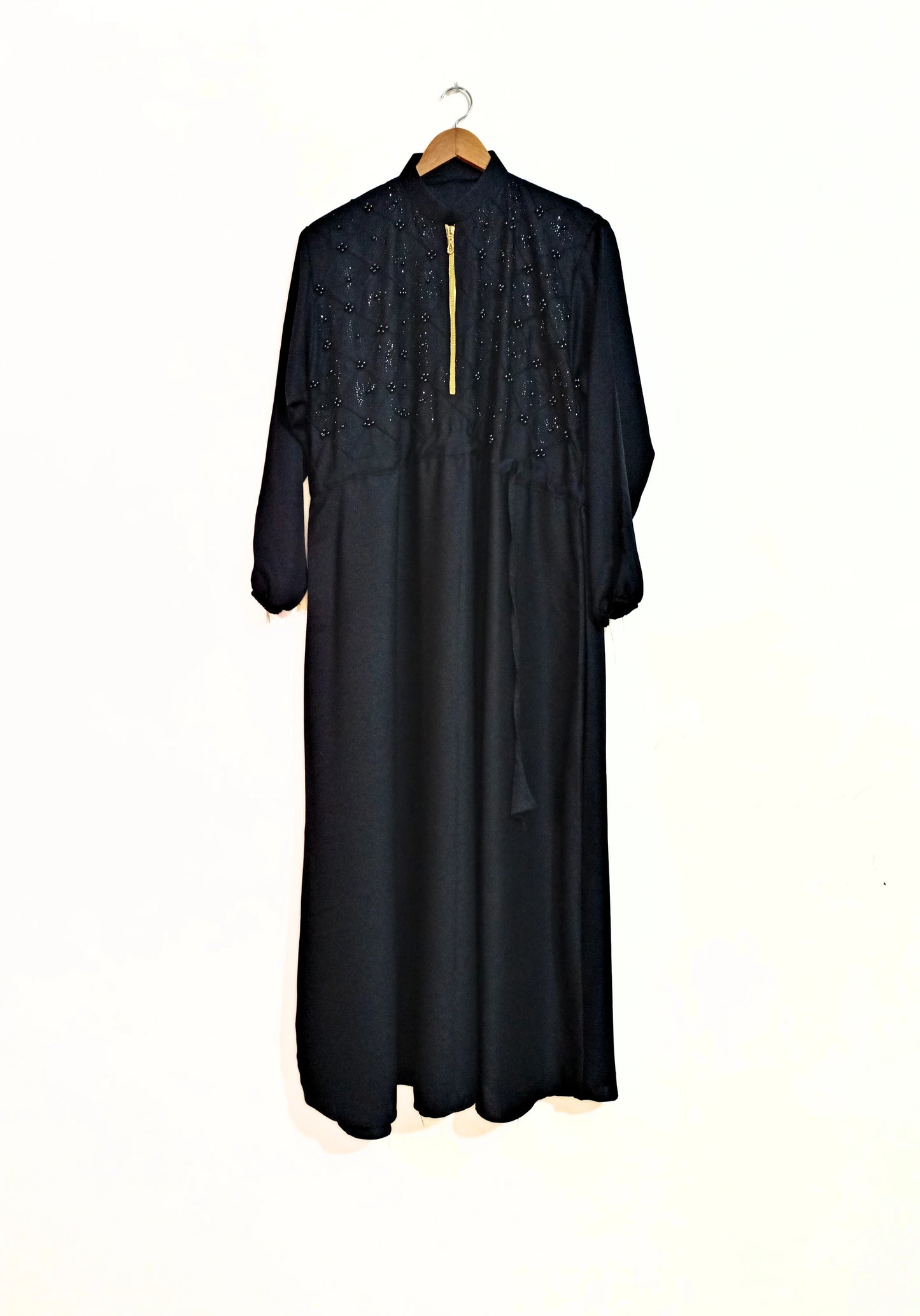 Beads And Stonework Nidha Abaya With Golden Zipper - Black