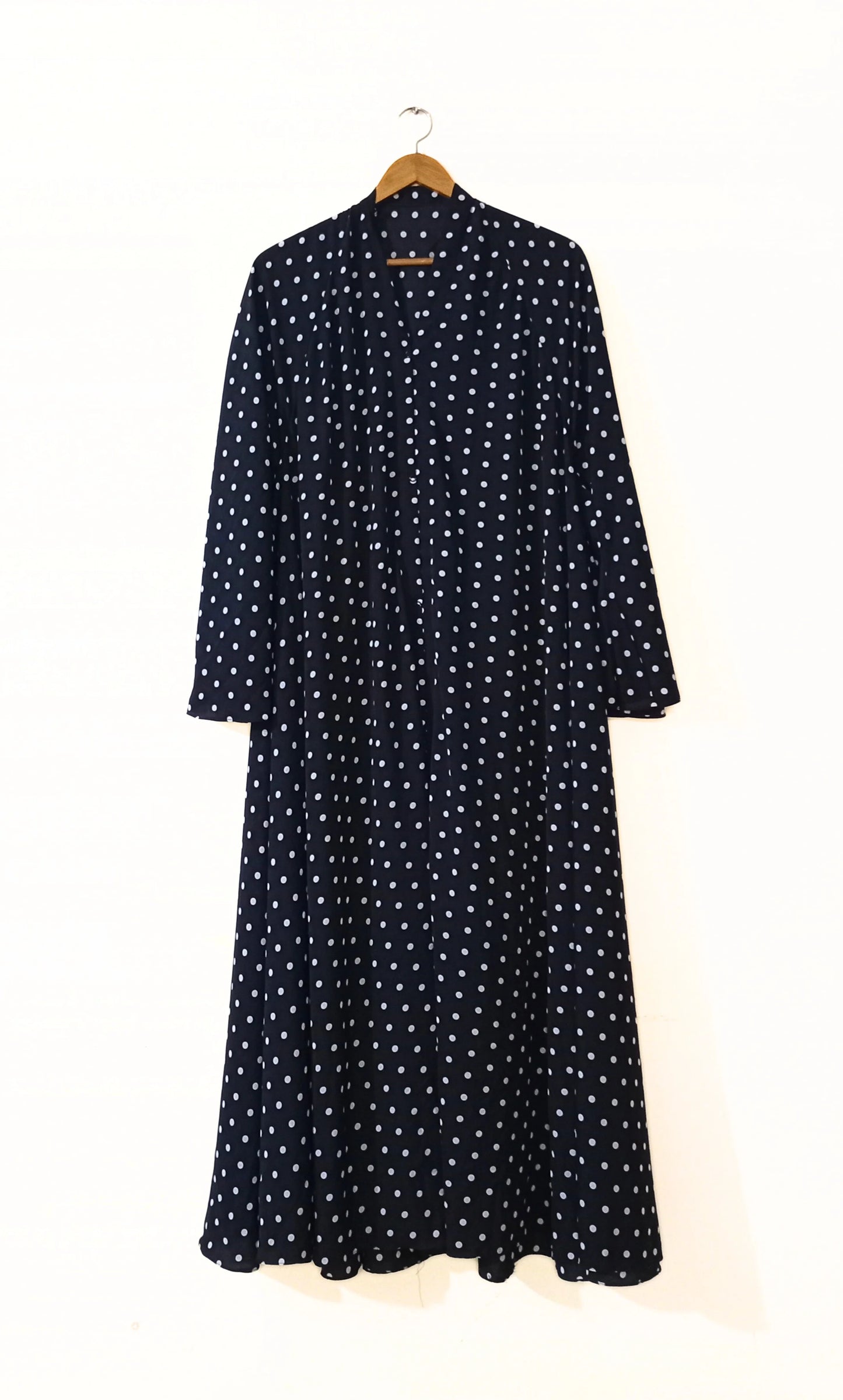 Black Polka Dot Front Open Long Flair Abaya