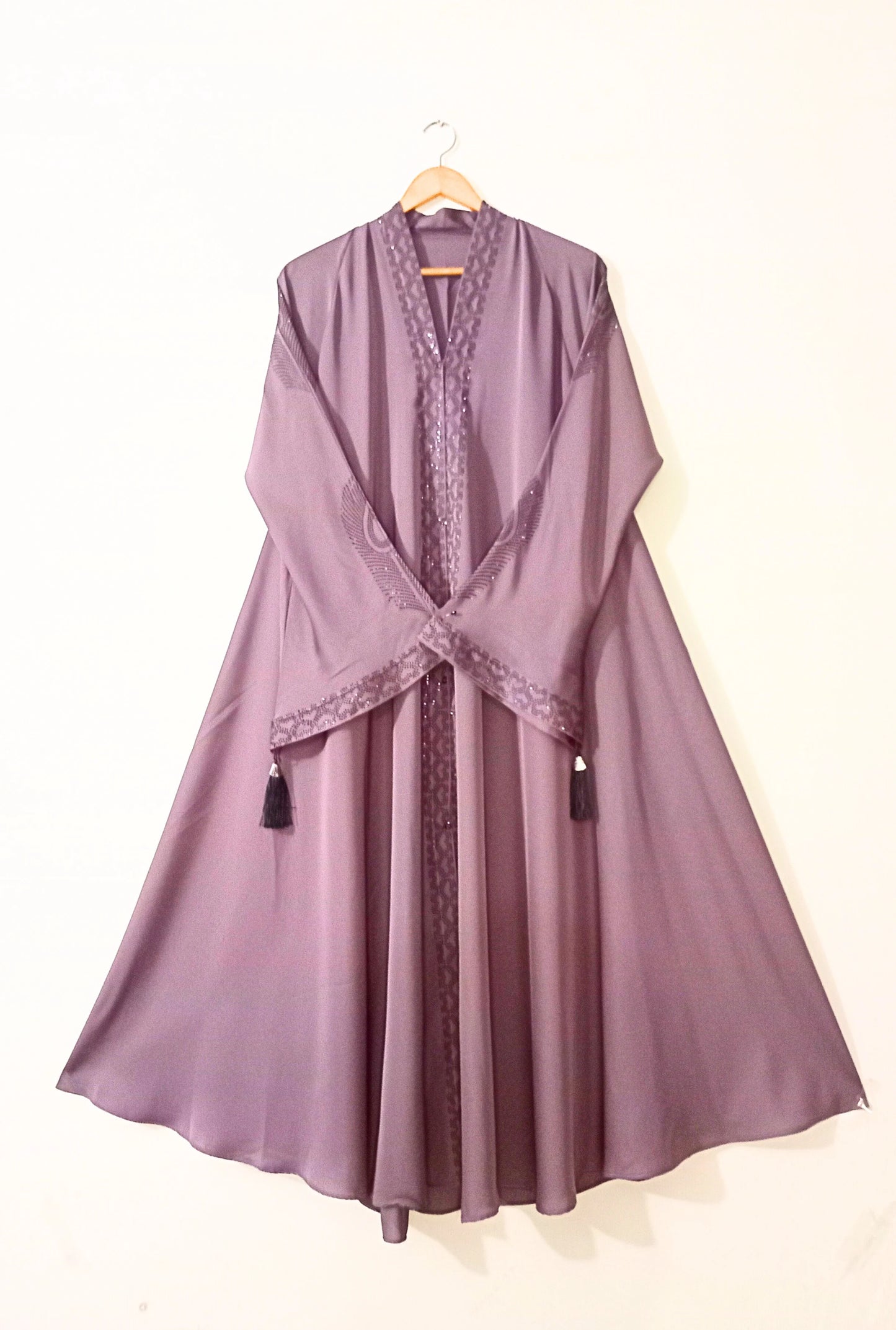 Pink Sequins Nidha Front Open Long Flair Abaya