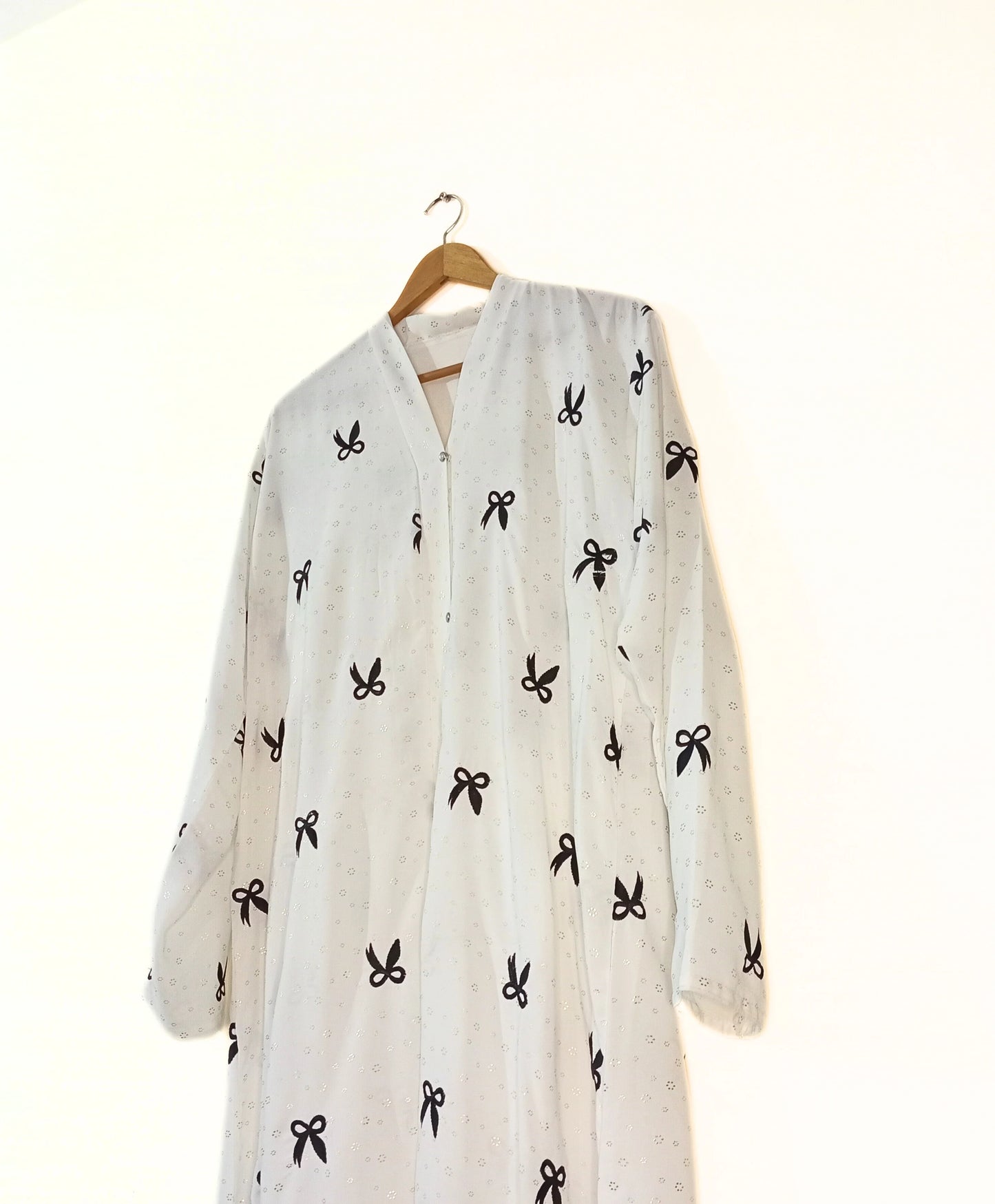 White Front Open Bow Embroidered Abaya With Golden Dots