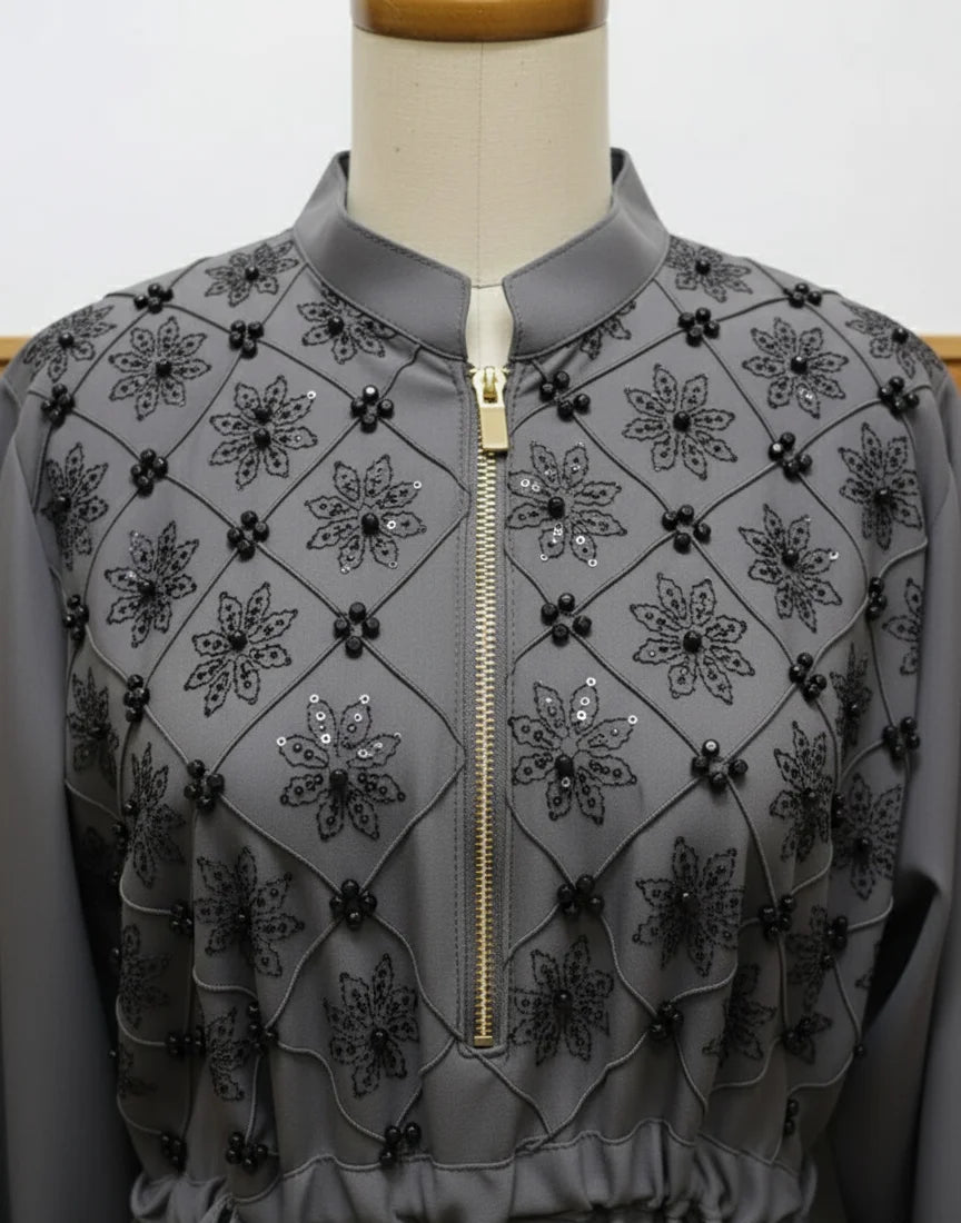 Beads And Stonework Nidha Abaya With Golden Zipper - Gray