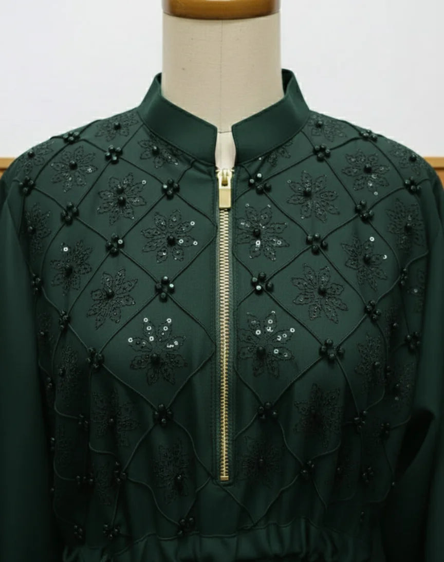 Beads And Stonework Nidha Abaya With Golden Zipper - Bottle Green