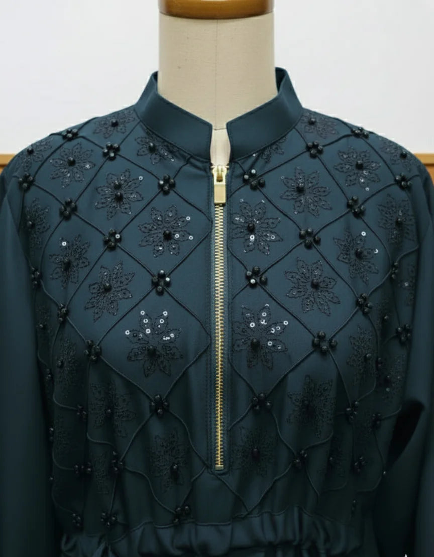 Beads And Stonework Nidha Abaya With Golden Zipper - Zinc