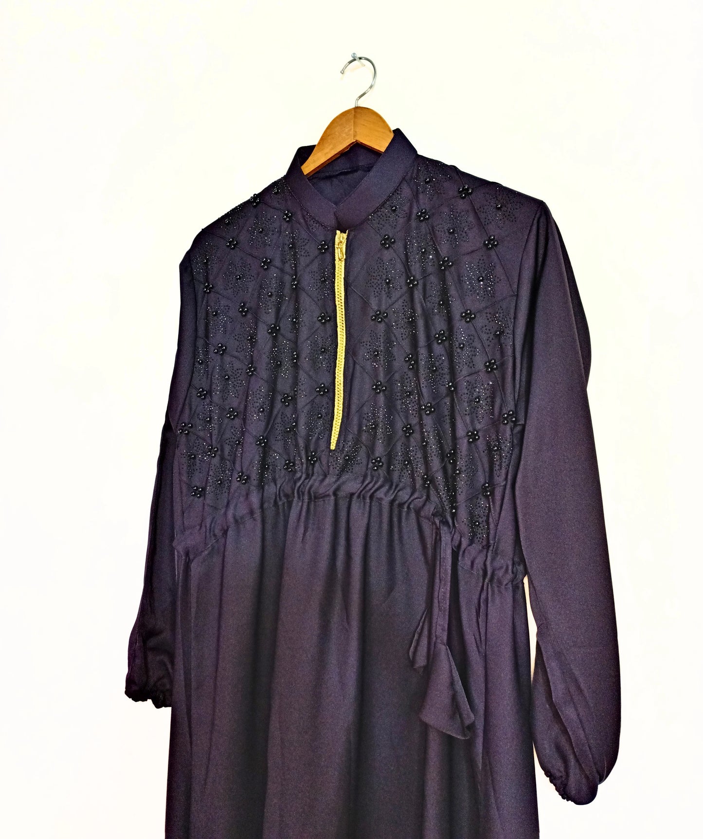 Beads And Stonework Nidha Abaya With Golden Zipper - Dark Purple
