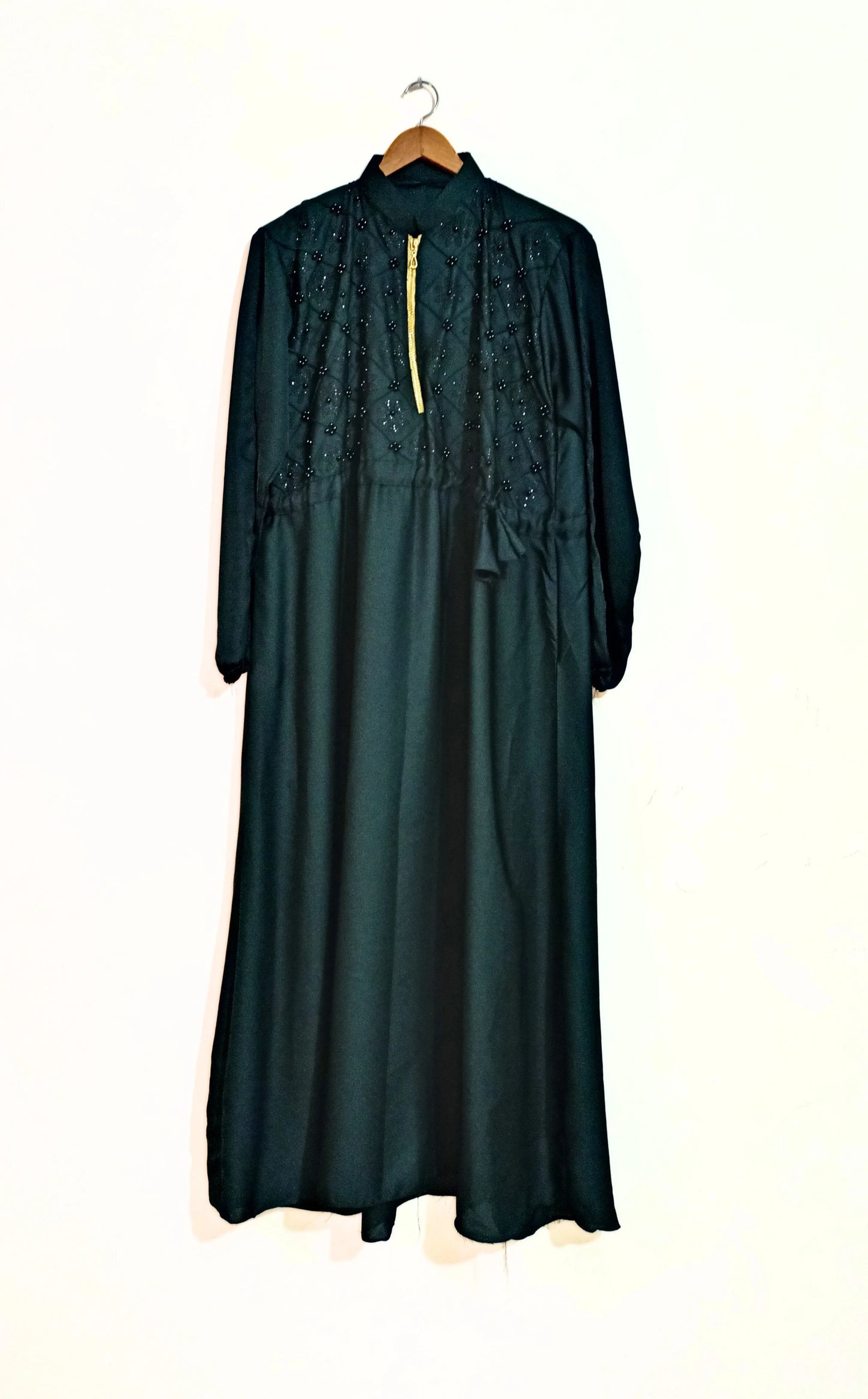 Beads And Stonework Nidha Abaya With Golden Zipper - Bottle Green