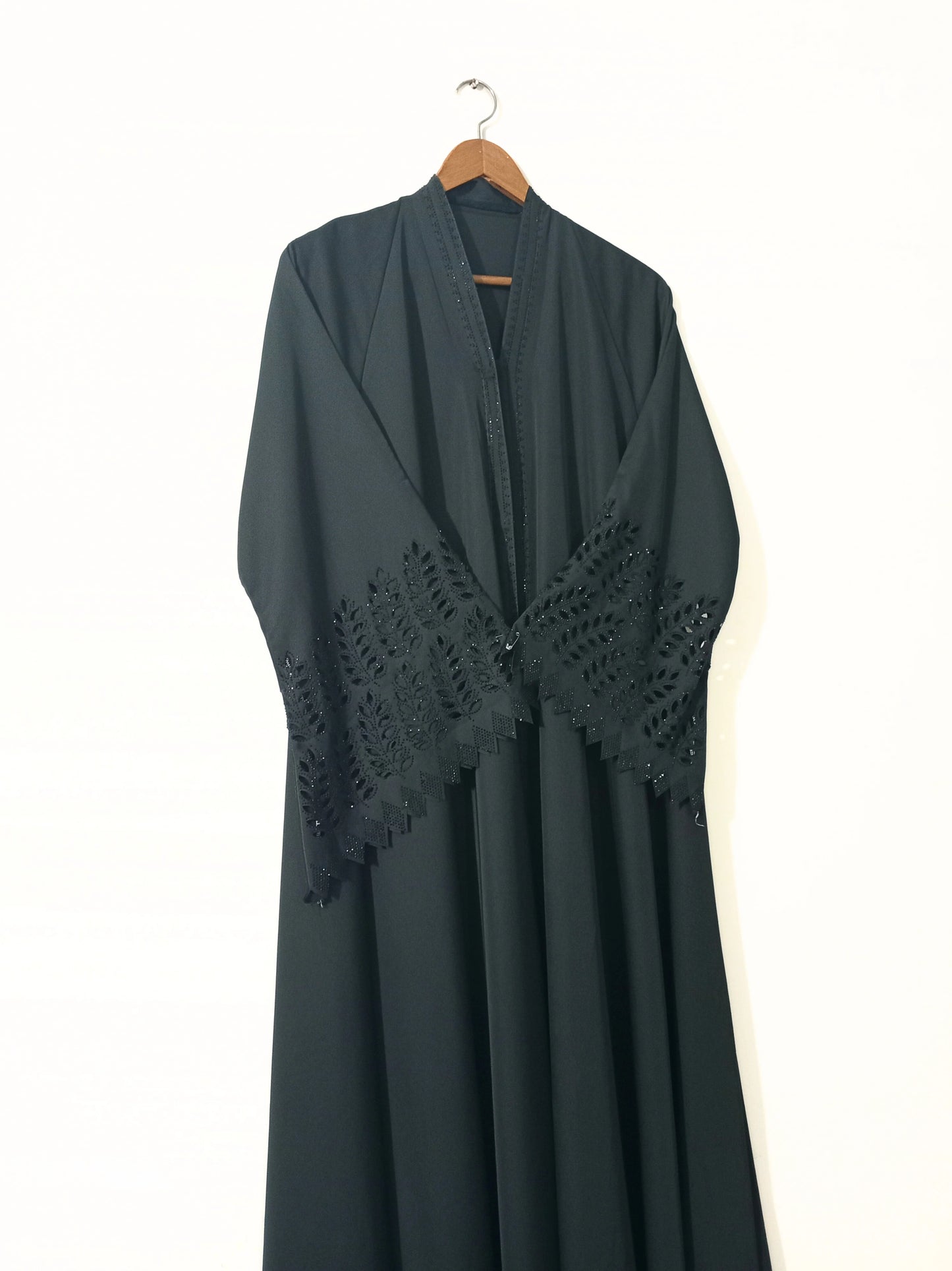 Smoky Green Nidha Abaya- Petal Cutwork Sleeves