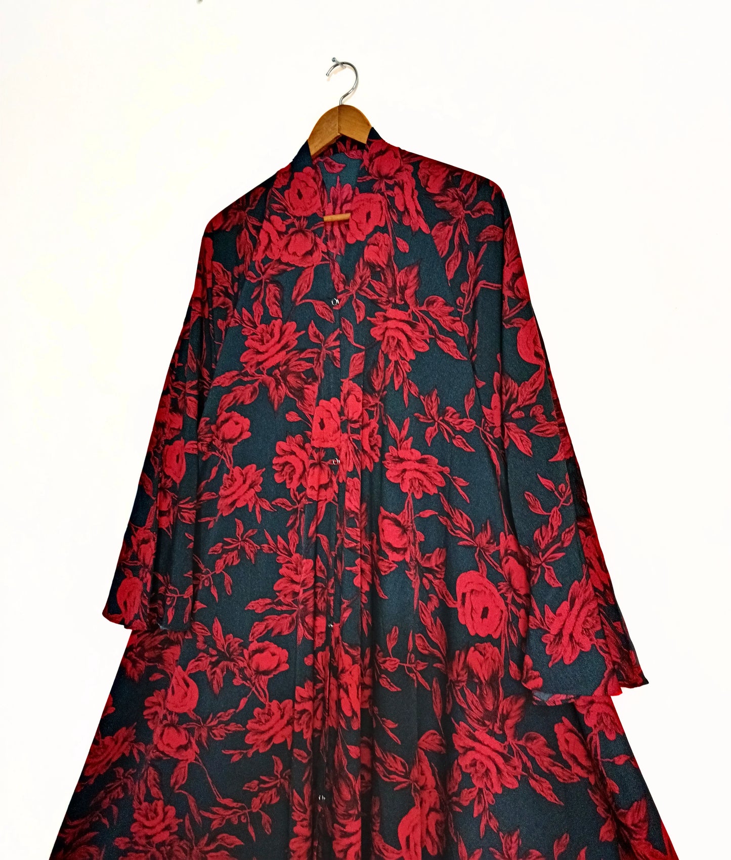 Black Rose Front Open Long Flair Abaya