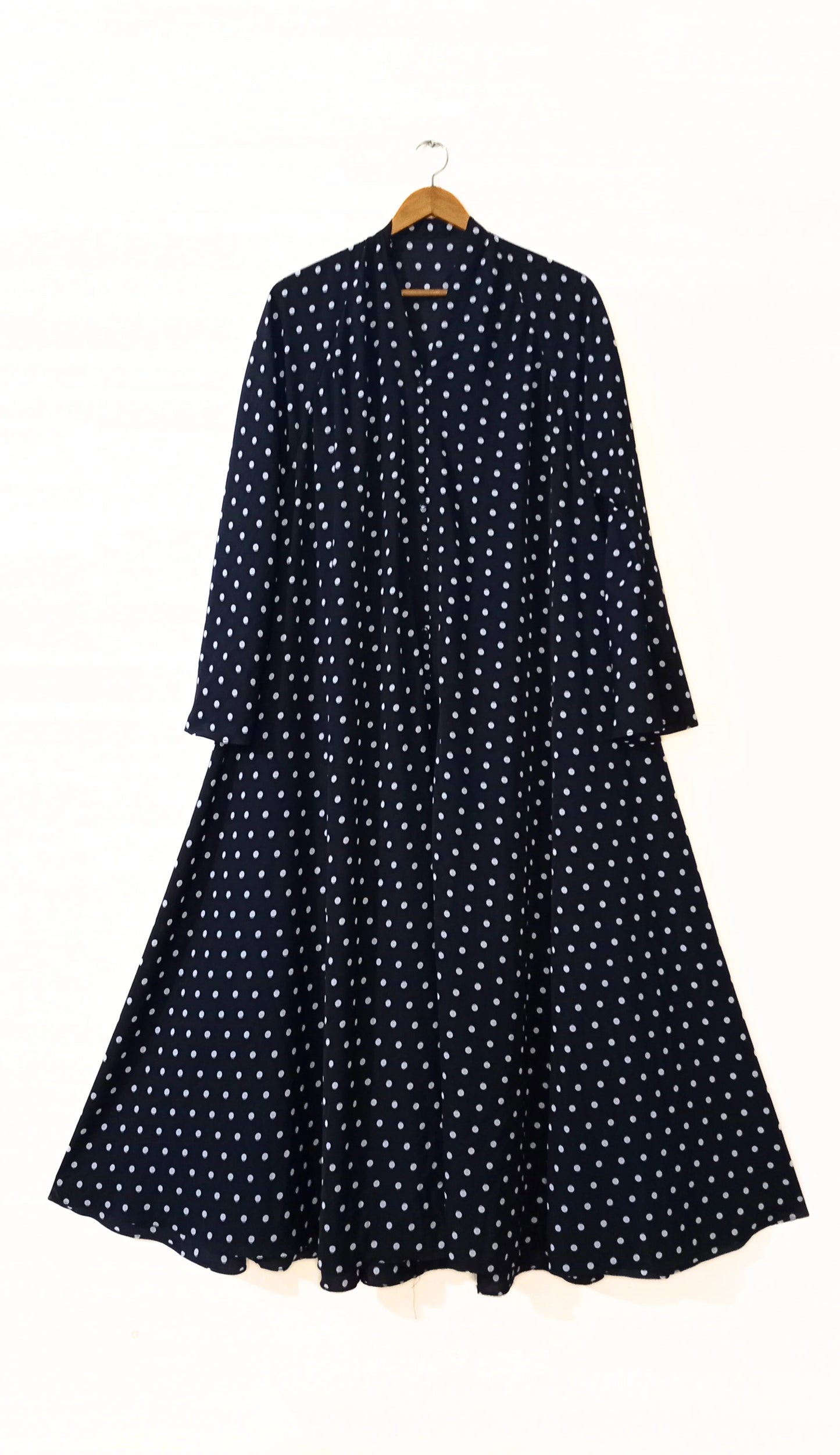 Black Polka Dot Front Open Long Flair Abaya
