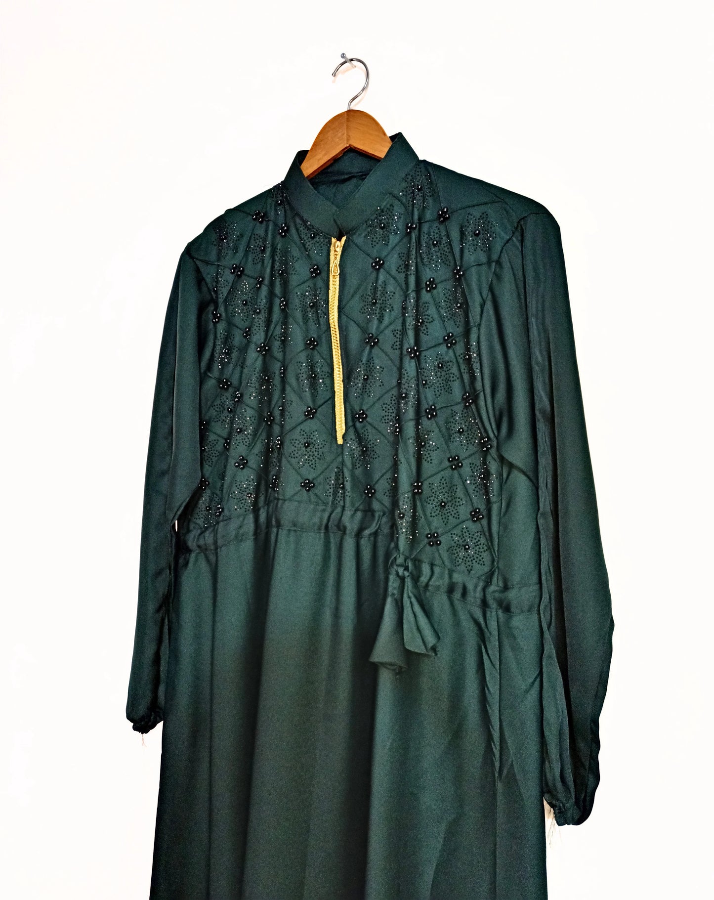 Beads And Stonework Nidha Abaya With Golden Zipper - Bottle Green