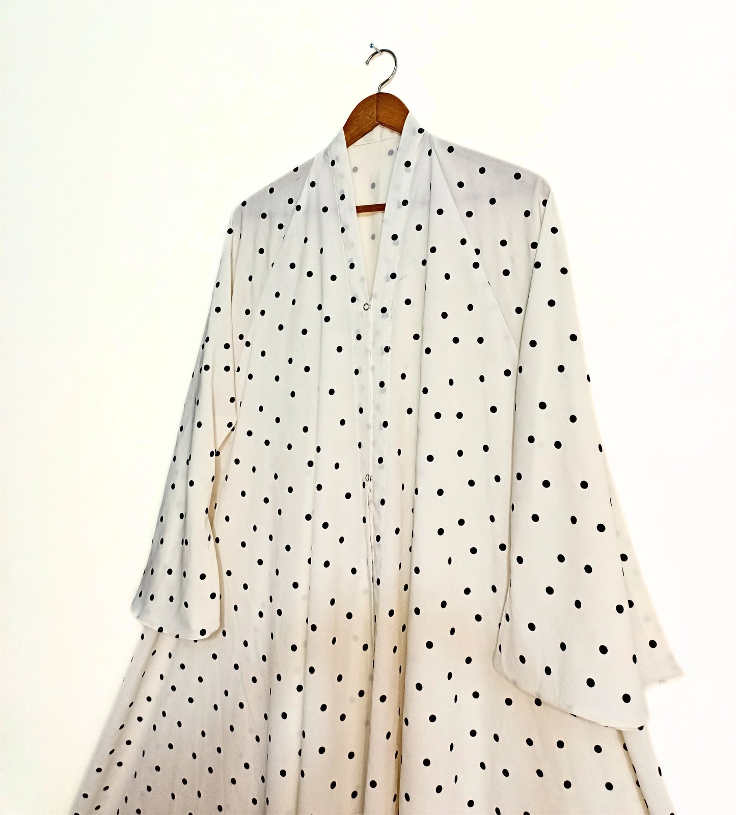White Polka Dot Front Open Long Flair Abaya