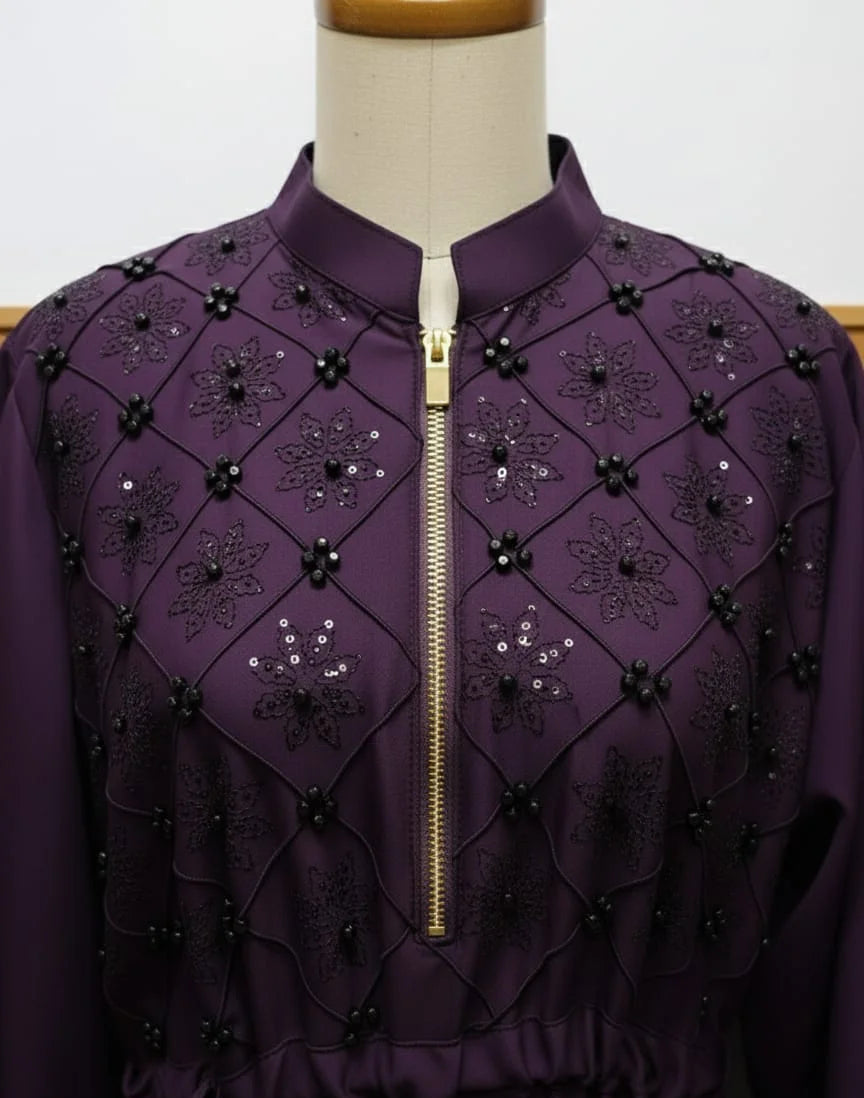 Beads And Stonework Nidha Abaya With Golden Zipper - Dark Purple