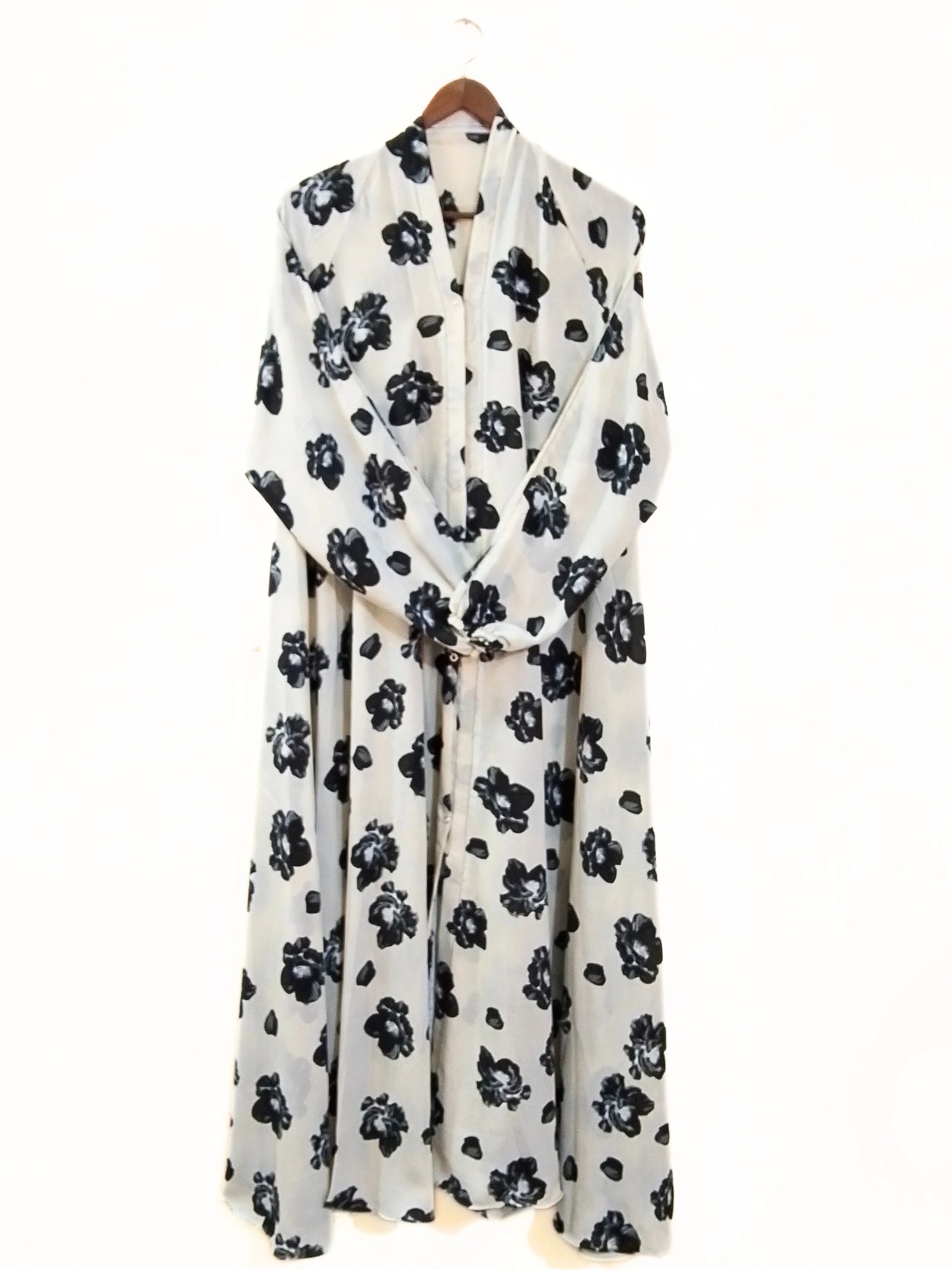 White With Black Flowers Front Open Long Flair Abaya