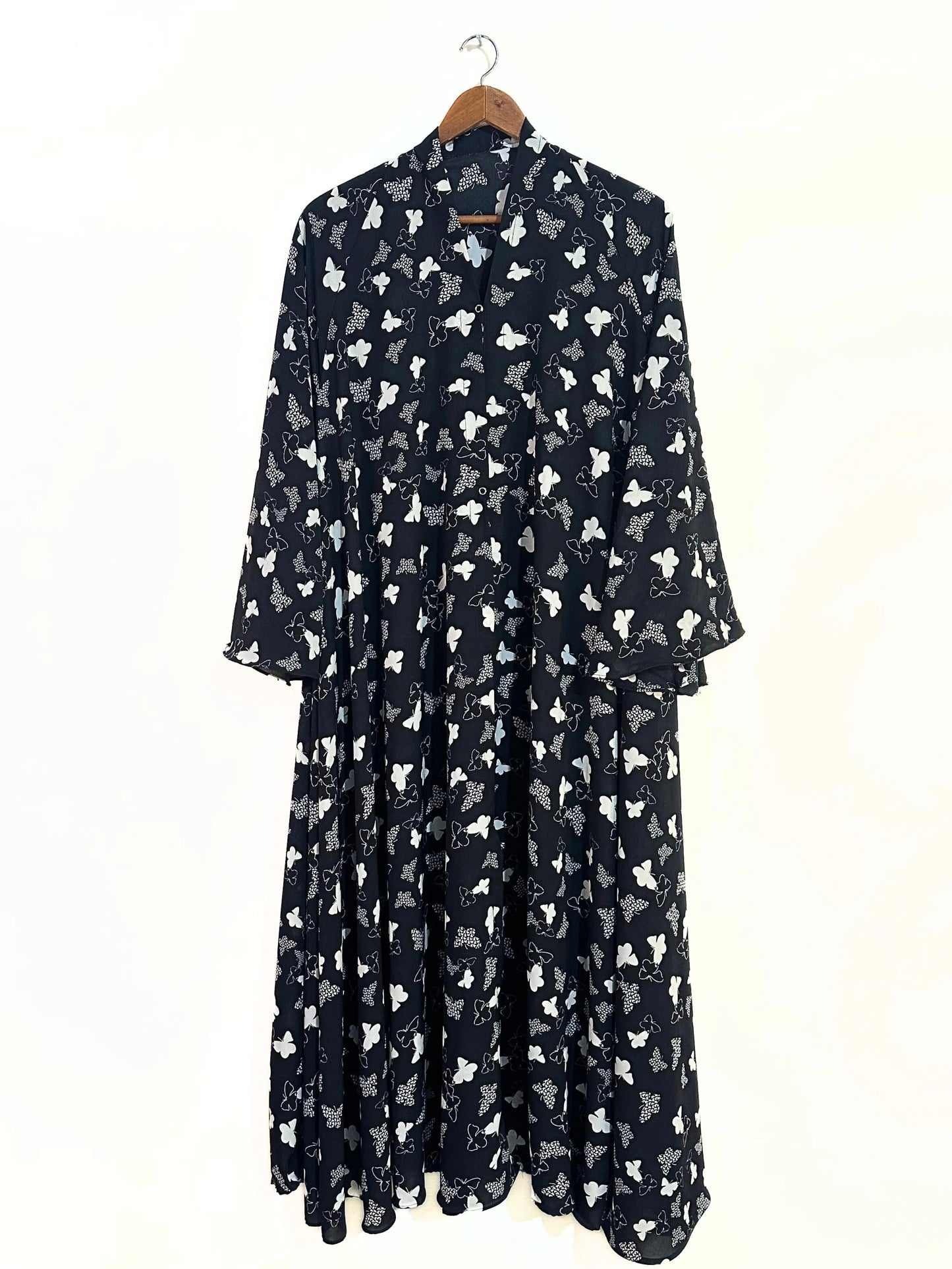 Black Butterfly Print Front Open Long Flair Abaya