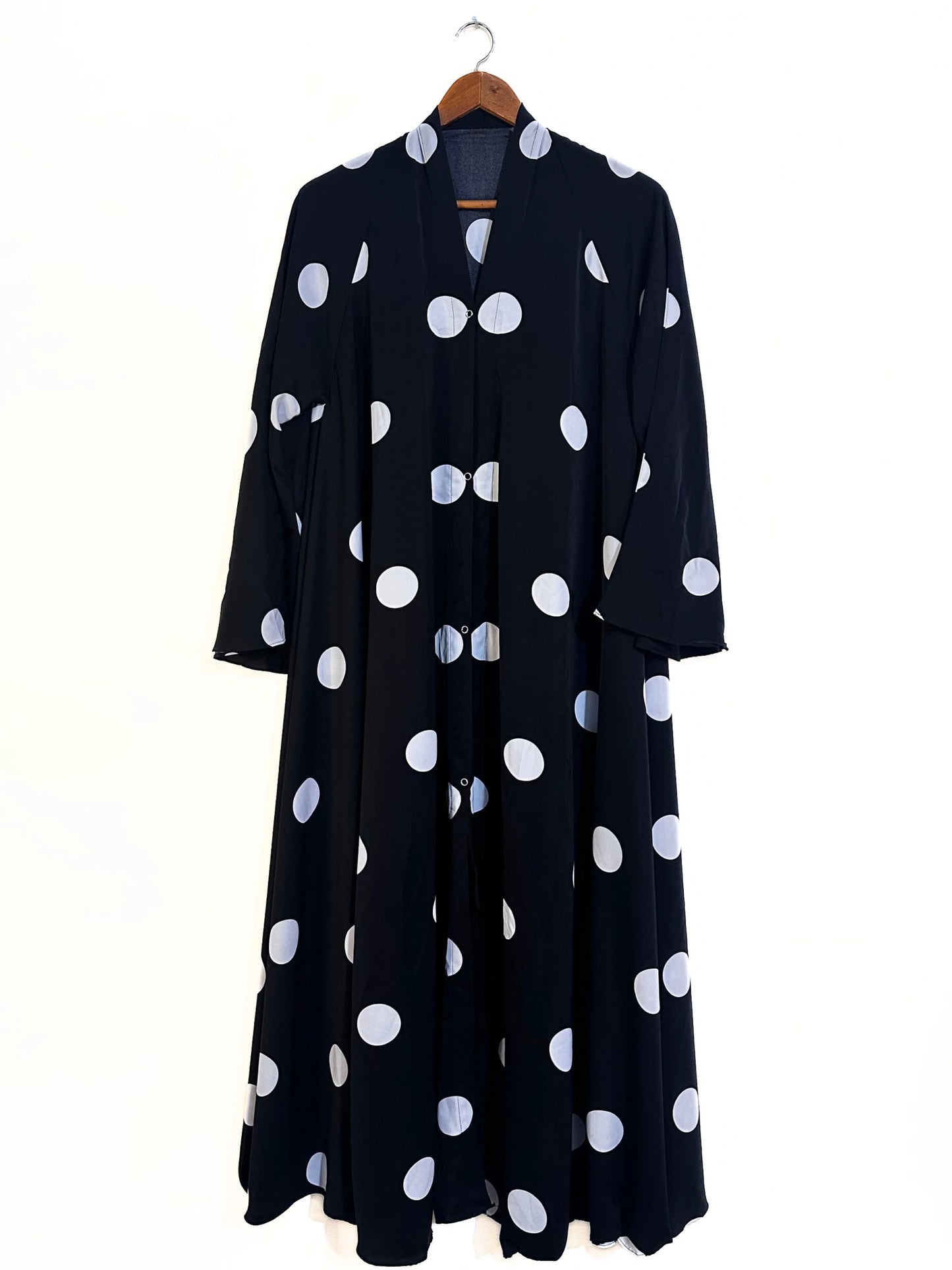 Crinkle Silk-Summer Black Long Flair Abaya with Polka Dots