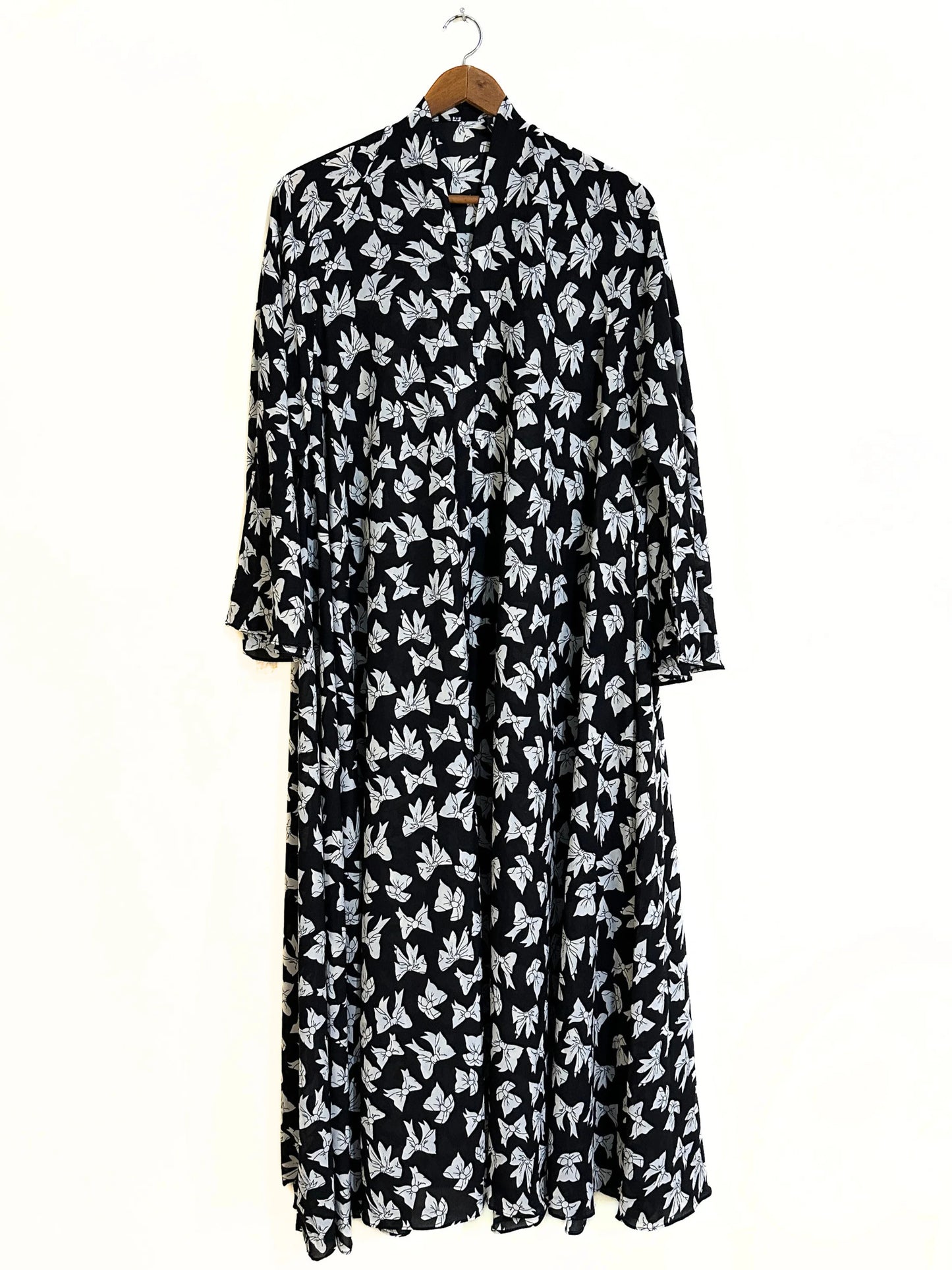 Black Bow Print Front Open Long Flair Abaya