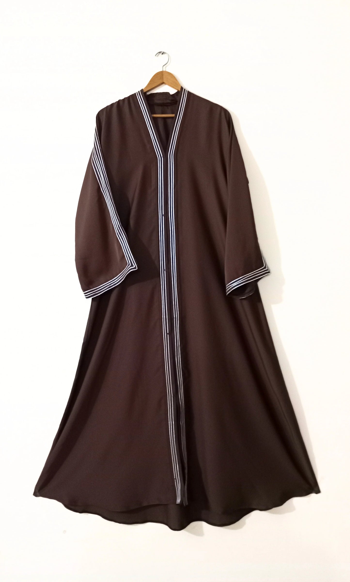 Wooden Brown Front Open Abaya with White Lines