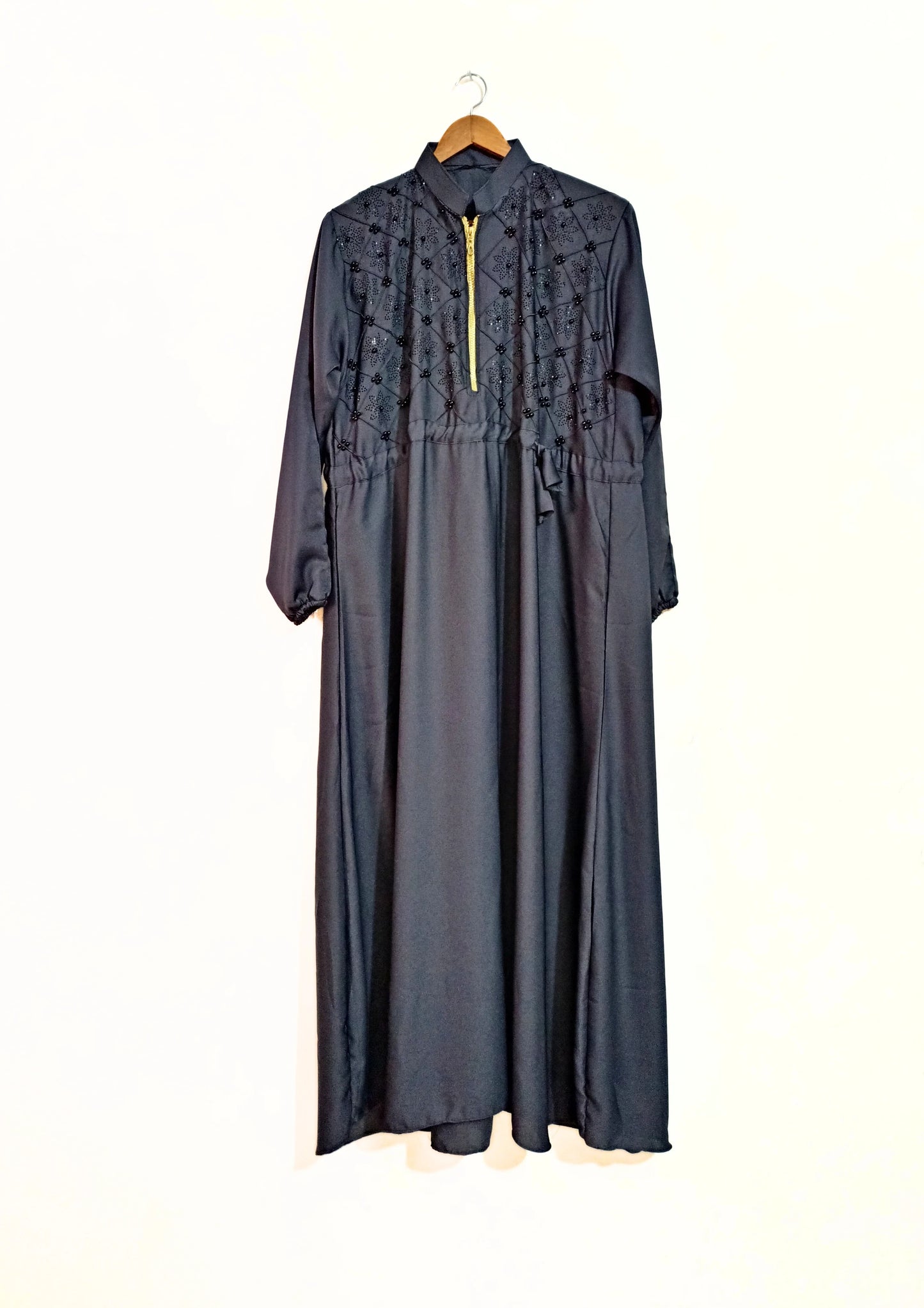 Beads And Stonework Nidha Abaya With Golden Zipper - Gray