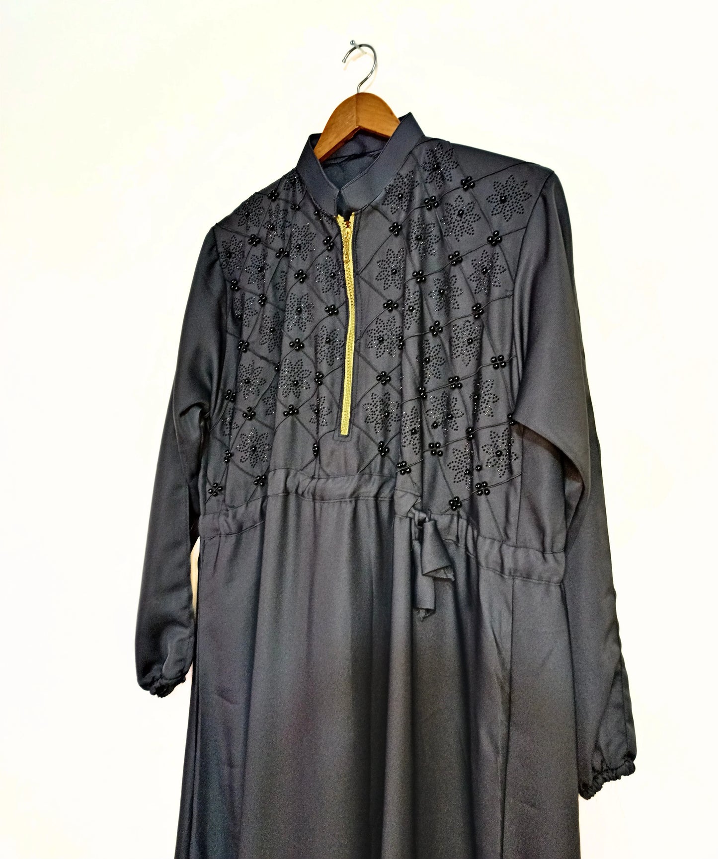 Beads And Stonework Nidha Abaya With Golden Zipper - Gray