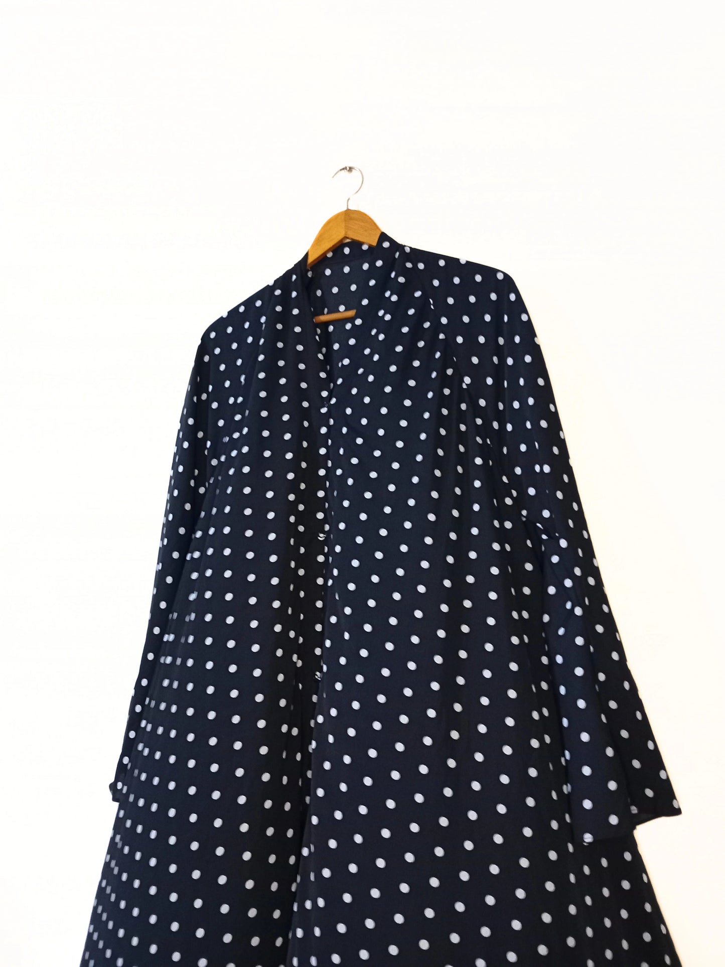 Black Polka Dot Front Open Long Flair Abaya