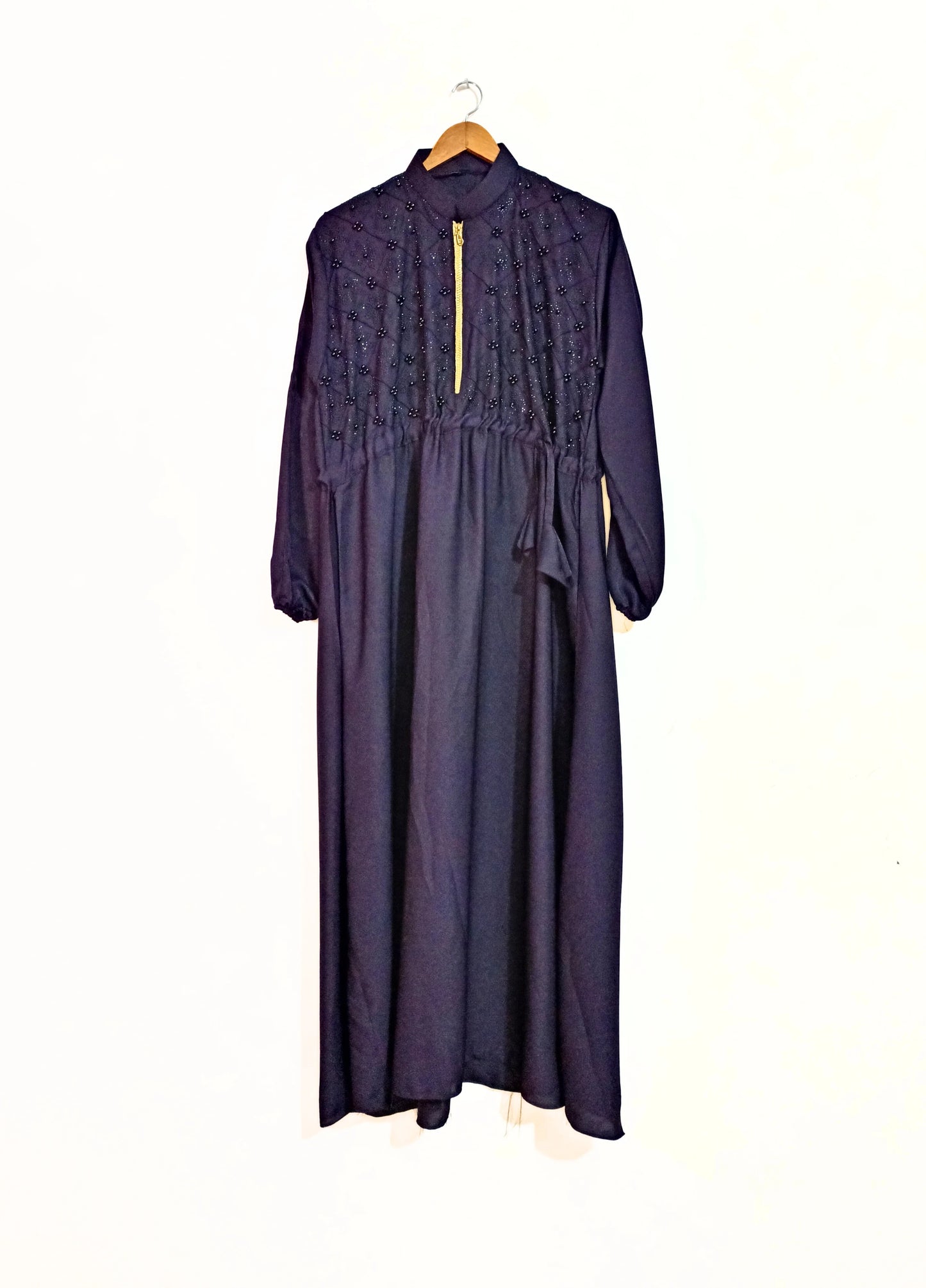 Beads And Stonework Nidha Abaya With Golden Zipper - Dark Purple