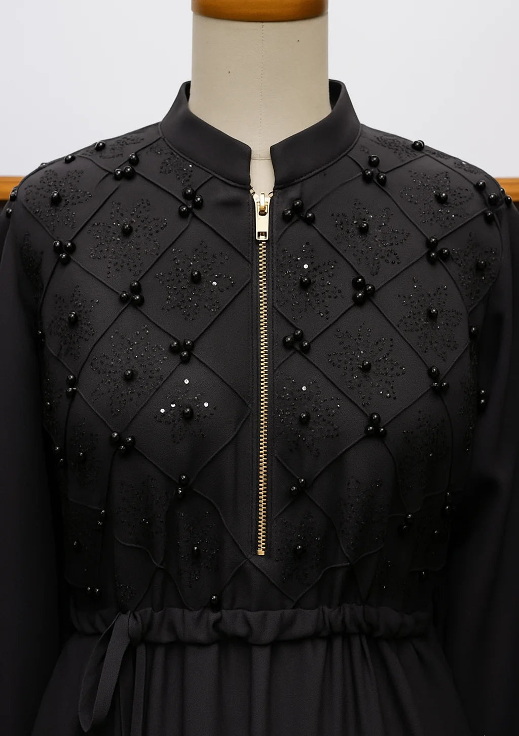 Beads And Stonework Nidha Abaya With Golden Zipper - Black