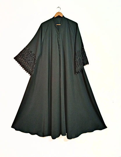Smoky Green Nidha Abaya- Petal Cutwork Sleeves