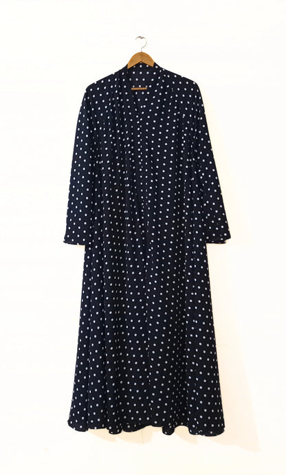 Black Polka Dot Front Open Long Flair Abaya