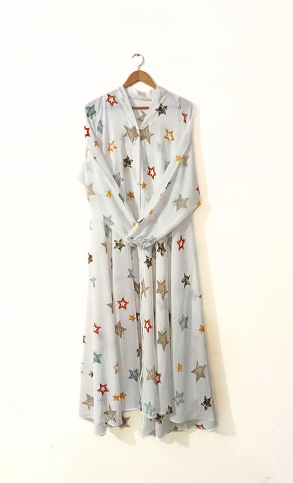 Starry White Front Open Long Flair Abaya