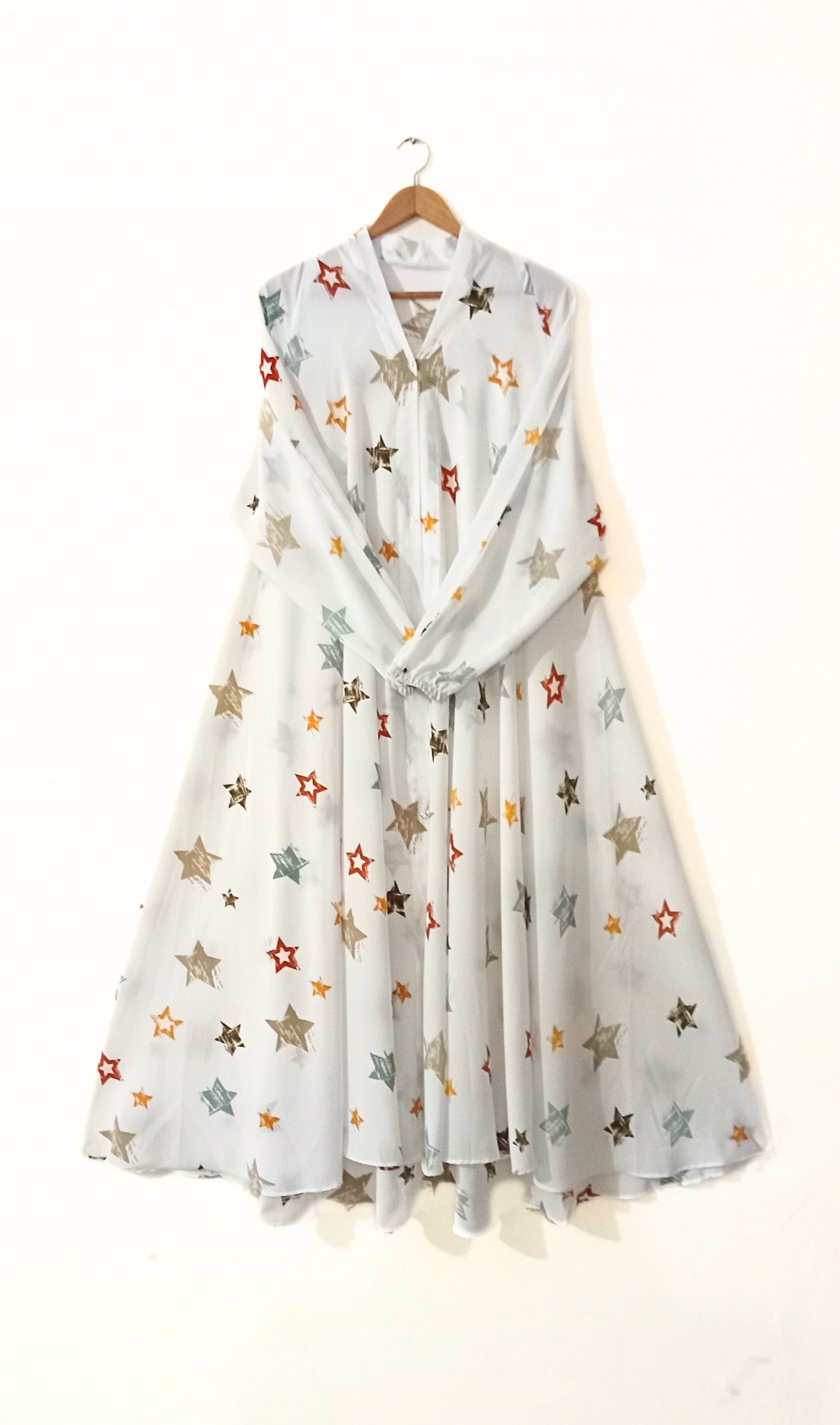 Starry White Front Open Long Flair Abaya