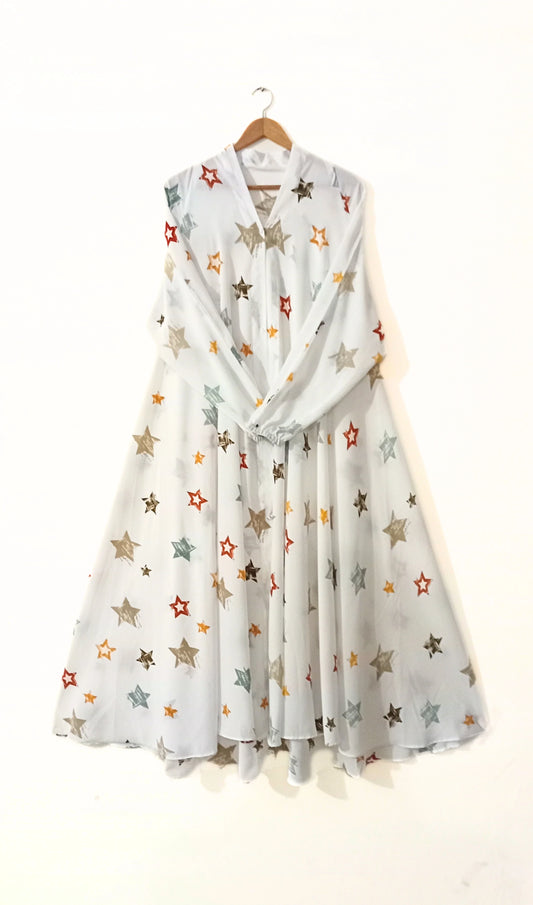 Starry White Front Open Long Flair Abaya