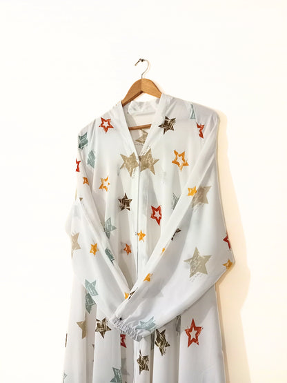 Starry White Front Open Long Flair Abaya