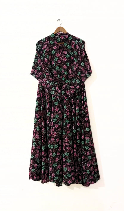 Blooming Black Floral Front Open Long Flair Abaya