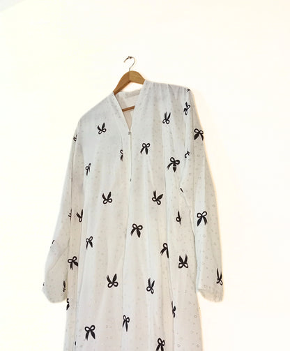 White Front Open Bow Embroidered Abaya With Golden Dots