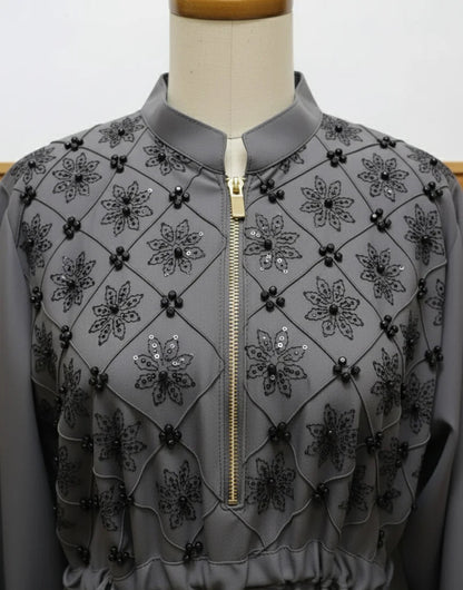 Beads And Stonework Nidha Abaya With Golden Zipper - Gray