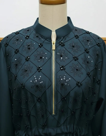Beads And Stonework Nidha Abaya With Golden Zipper - Zinc
