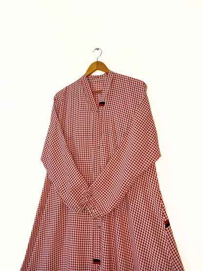 Crimson Check Front Open Long Flair Abaya