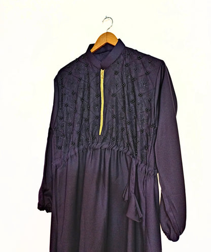 Beads And Stonework Nidha Abaya With Golden Zipper - Dark Purple