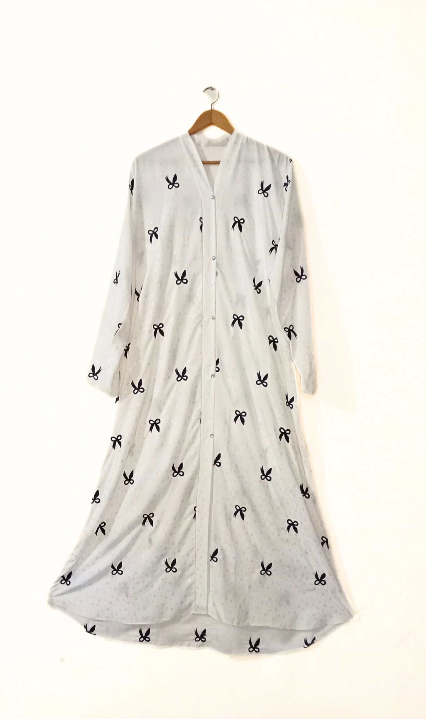 White Front Open Bow Embroidered Abaya With Golden Dots