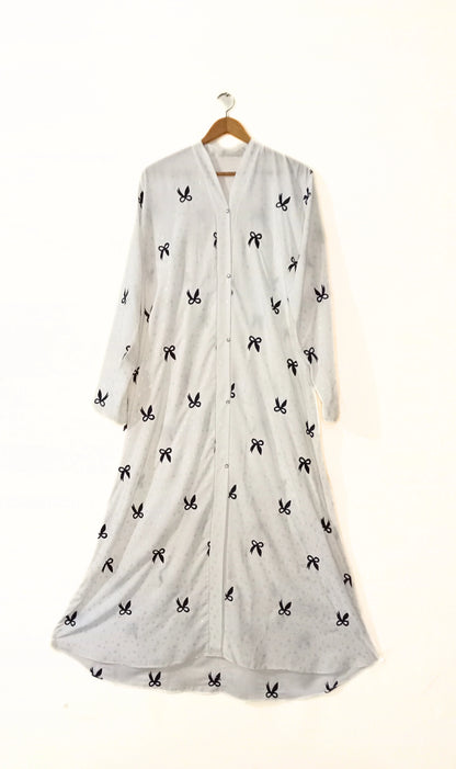 White Front Open Bow Embroidered Abaya With Golden Dots