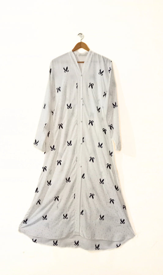White Front Open Bow Embroidered Abaya With Golden Dots