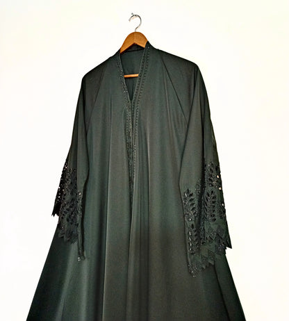 Smoky Green Nidha Abaya- Petal Cutwork Sleeves
