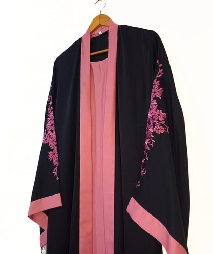 Embroidered Gown Abaya With Attached Inner-Pink