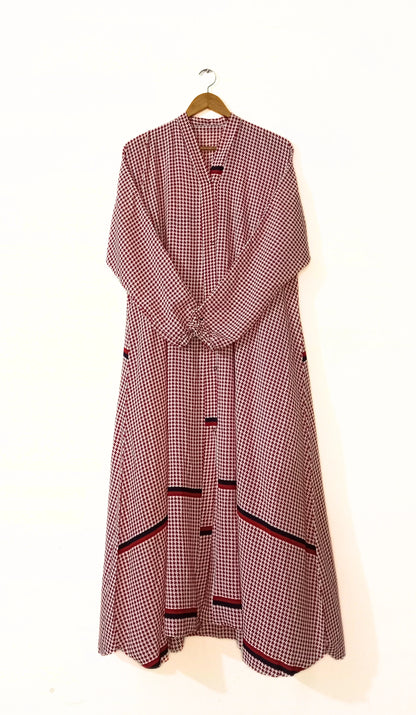 Crimson Check Front Open Long Flair Abaya