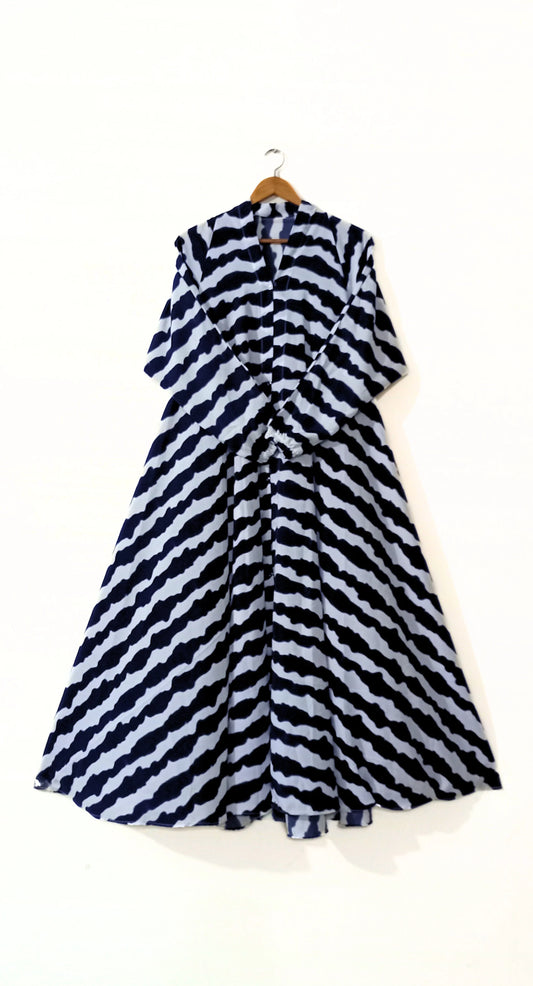 Dark Blue Stripes Front Open Long Flair Abaya