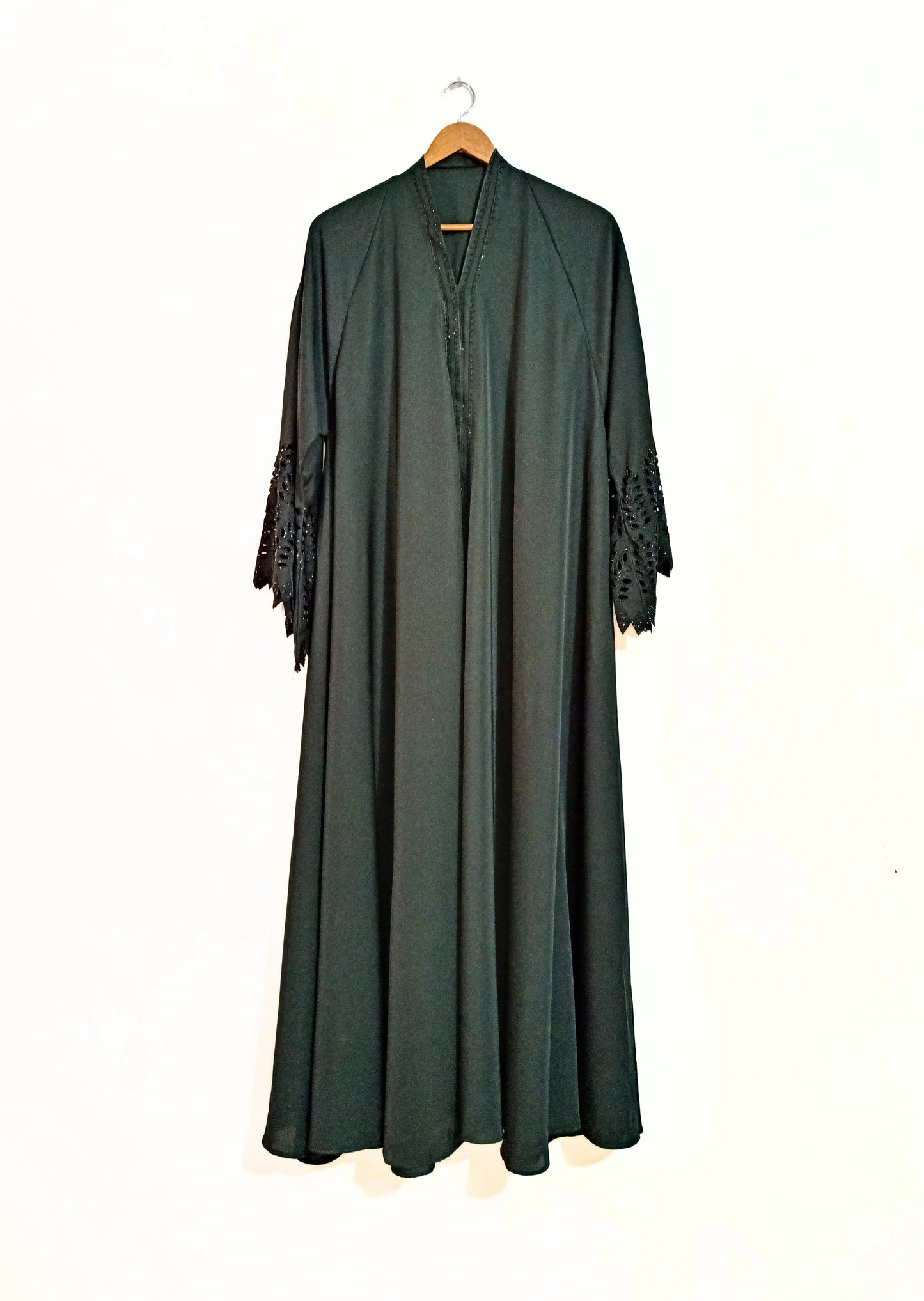 Smoky Green Nidha Abaya- Petal Cutwork Sleeves