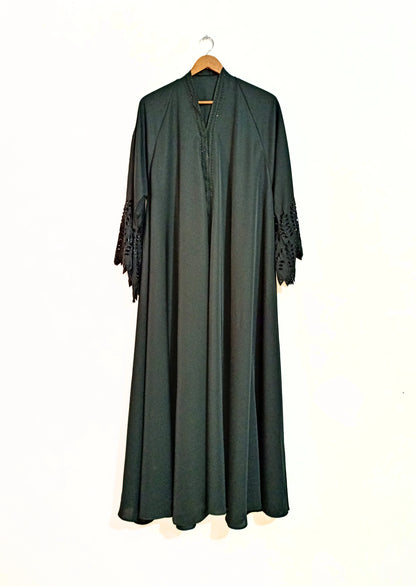Smoky Green Nidha Abaya- Petal Cutwork Sleeves