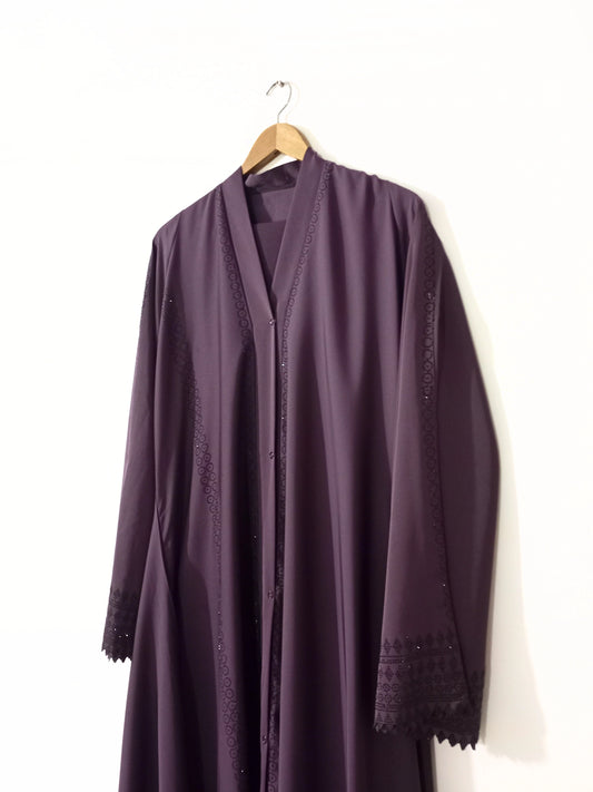 Dark Lavender Front Open Abaya with Staller - Cutwork Sleeves