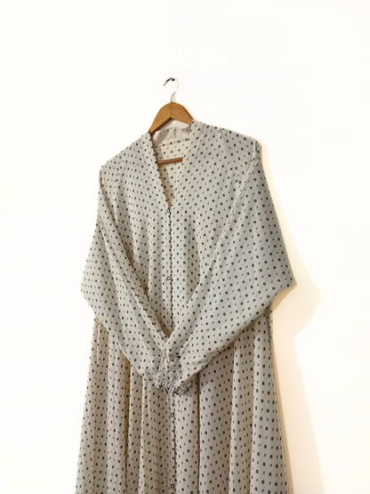 White Polka Dot Front Open Long Flair Abaya