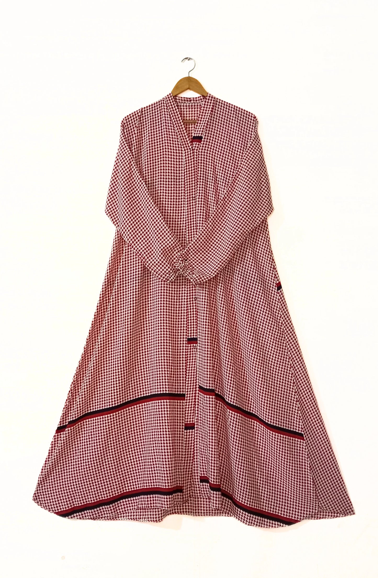 Crimson Check Front Open Long Flair Abaya