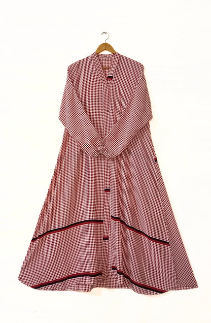 Crimson Check Front Open Long Flair Abaya
